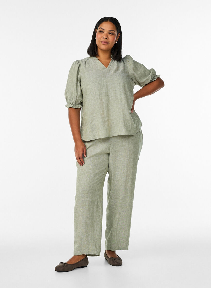 Linnen en viscose broek met losse pasvorm, Groen, Model image number 0