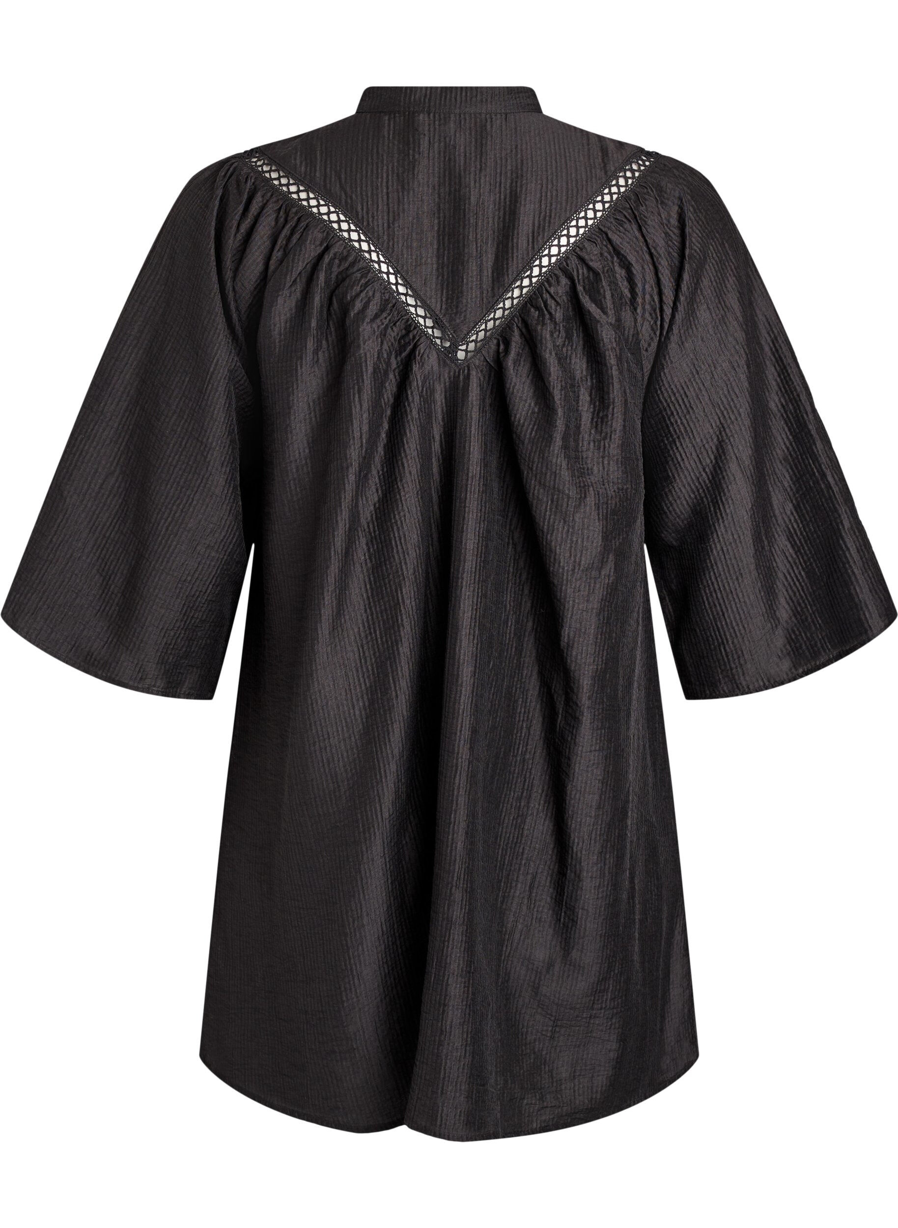 ZizziTuniek met gehaakte randen en gestreepte textuur, Zwart, Packshot image number 1