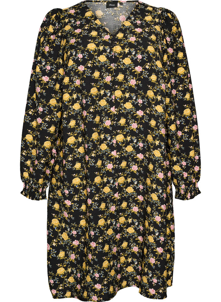 Jurk van viscose met patroon en lange mouwen, Zwart, Packshot image number 0