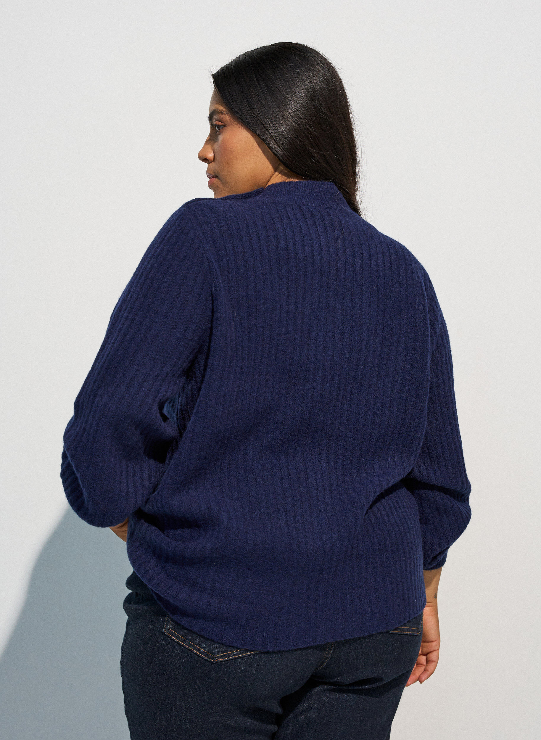 ZizziGeribde trui met pofmouwen en knopen, Blauw, Model image number 2