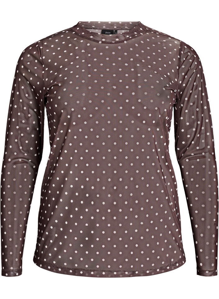 Mesh blouse met stippen, Bruin, Packshot image number 0
