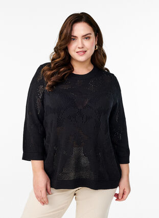 ZizziGebreide blouse met een opengewerkt patroon en 3/4 mouwen, Black, Model image number 0