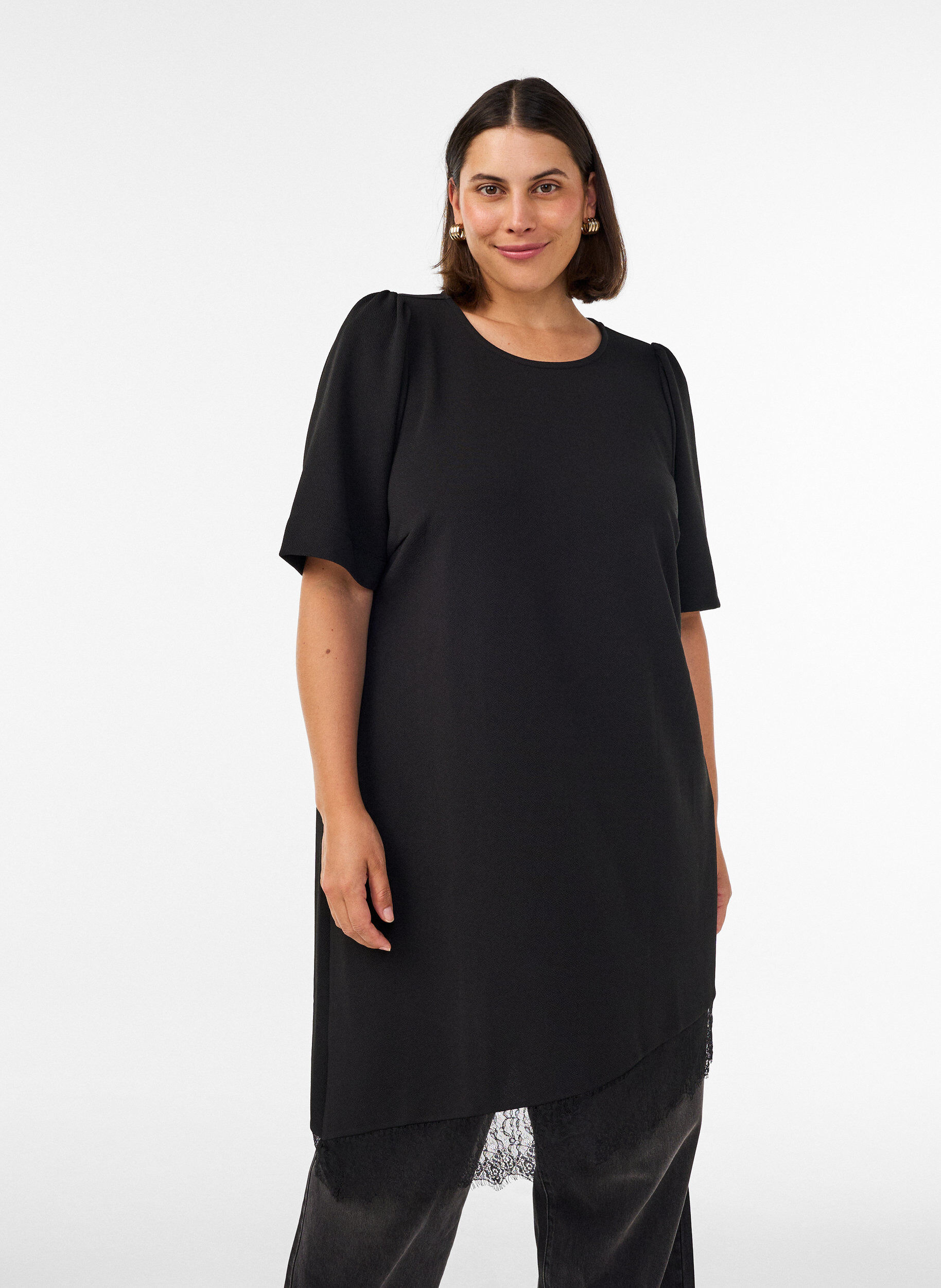 Tuniek met asymmetrische kanten rand, Zwart, Model