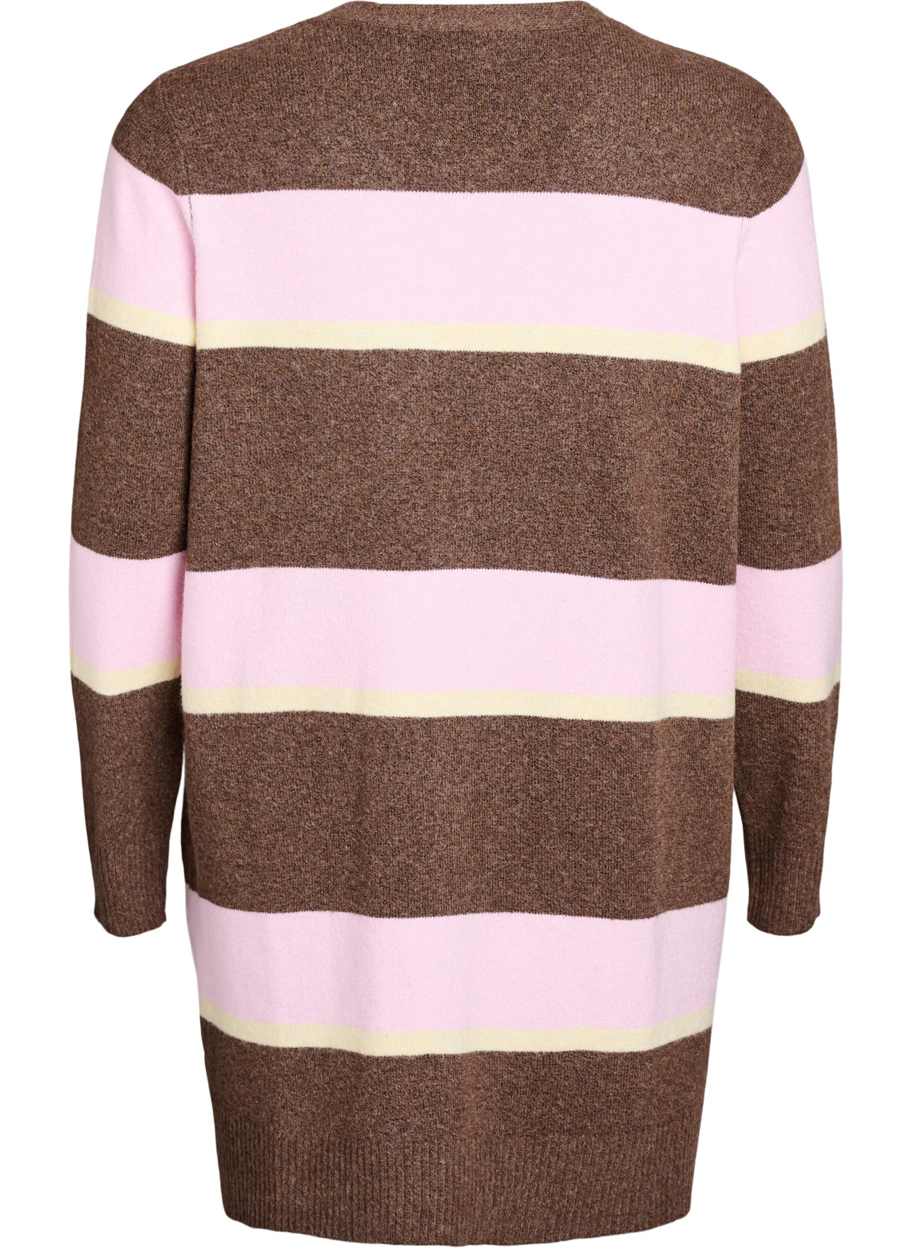 ZizziLang gebreid vest met brede strepen, Bruin, Packshot image number 1