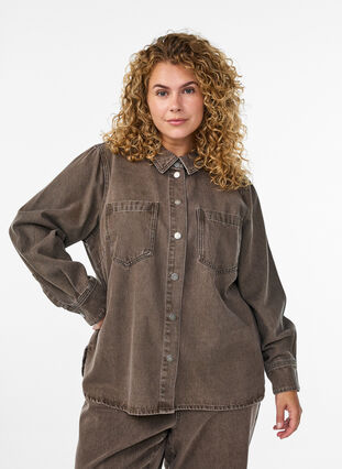 ZizziGekleurde denim shirt met zakken op de borst, Brown Denim, Model image number 0
