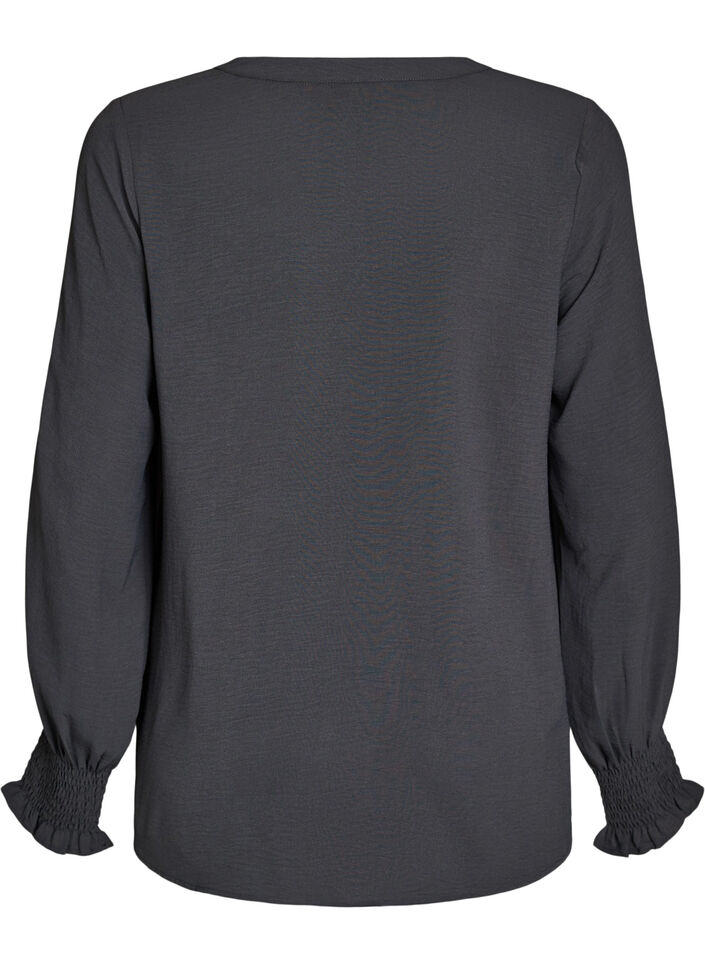 Blouse met smockmanchetten en V-hals, Grijs, Packshot image number 1