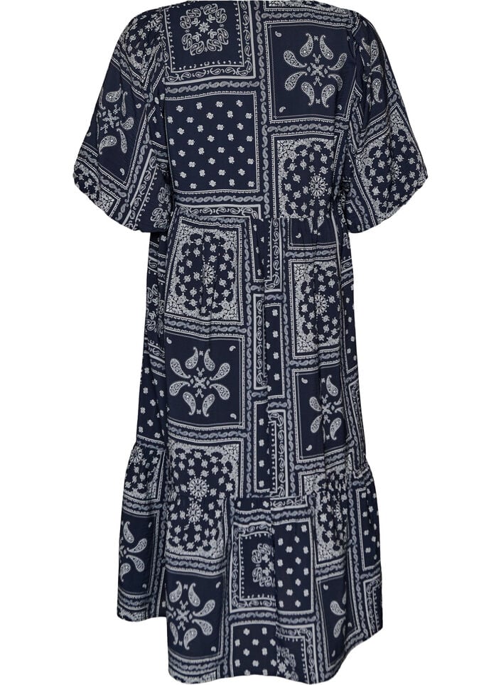 Enkel-lange jurk in viscose met paisleyprint en korte mouwen, Blauw, Packshot image number 1