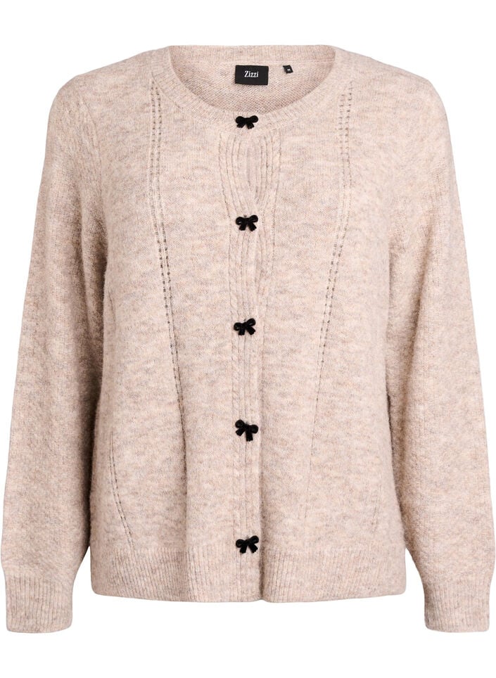 Cardigan met strikknopen en opengewerkt patroon, Beige, Packshot image number 0