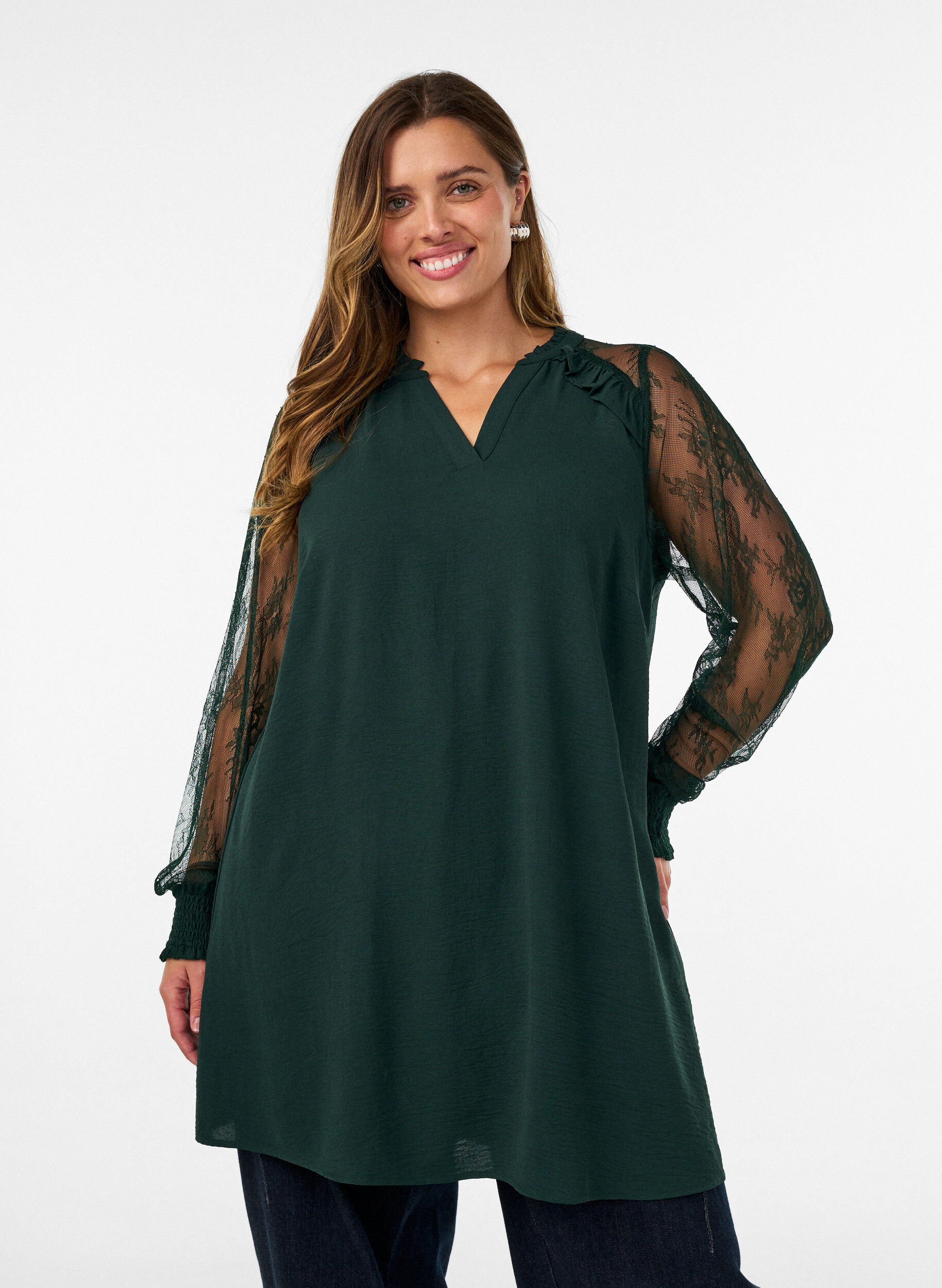 Tuniek met doorschijnende kanten mouwen, Groen, Model