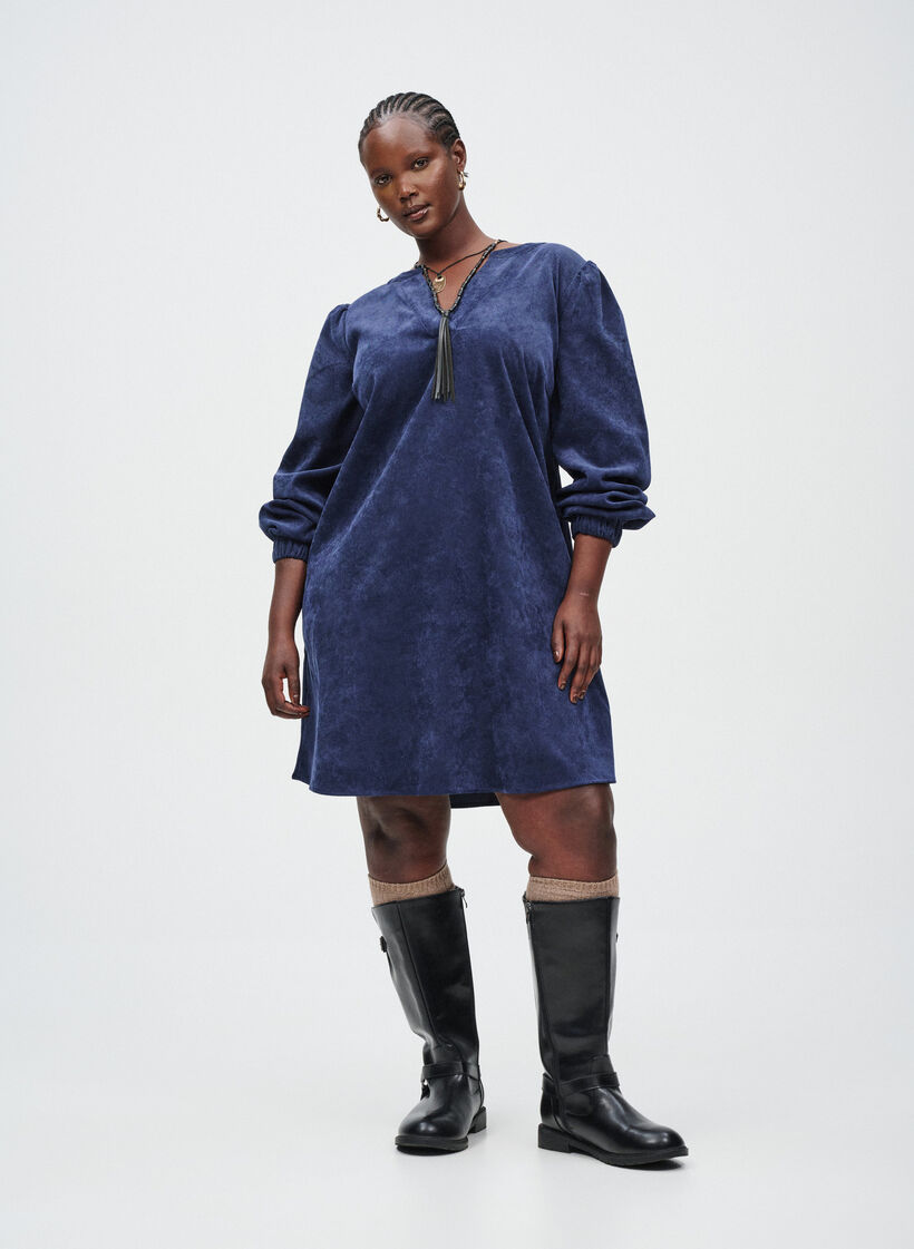 Korte fluwelen jurk met lange mouwen, Peacoat, Image