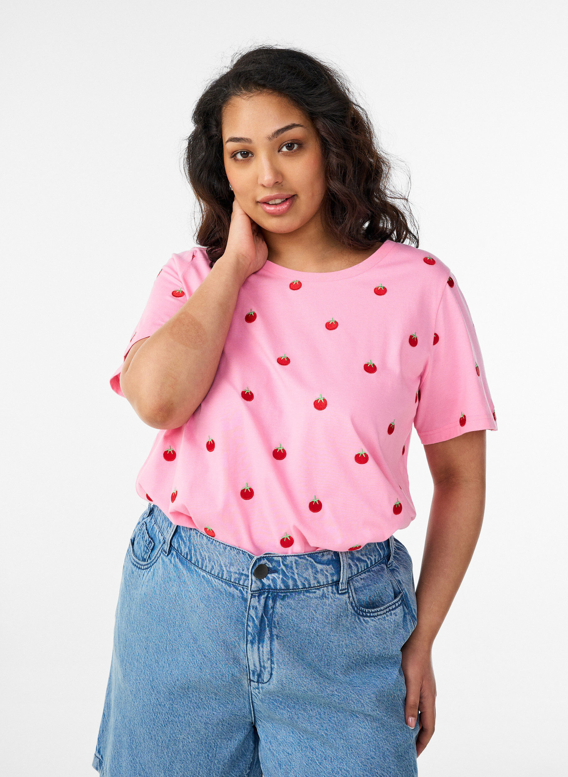 T-shirt in biologisch katoen met geborduurde motieven, Roze, Model