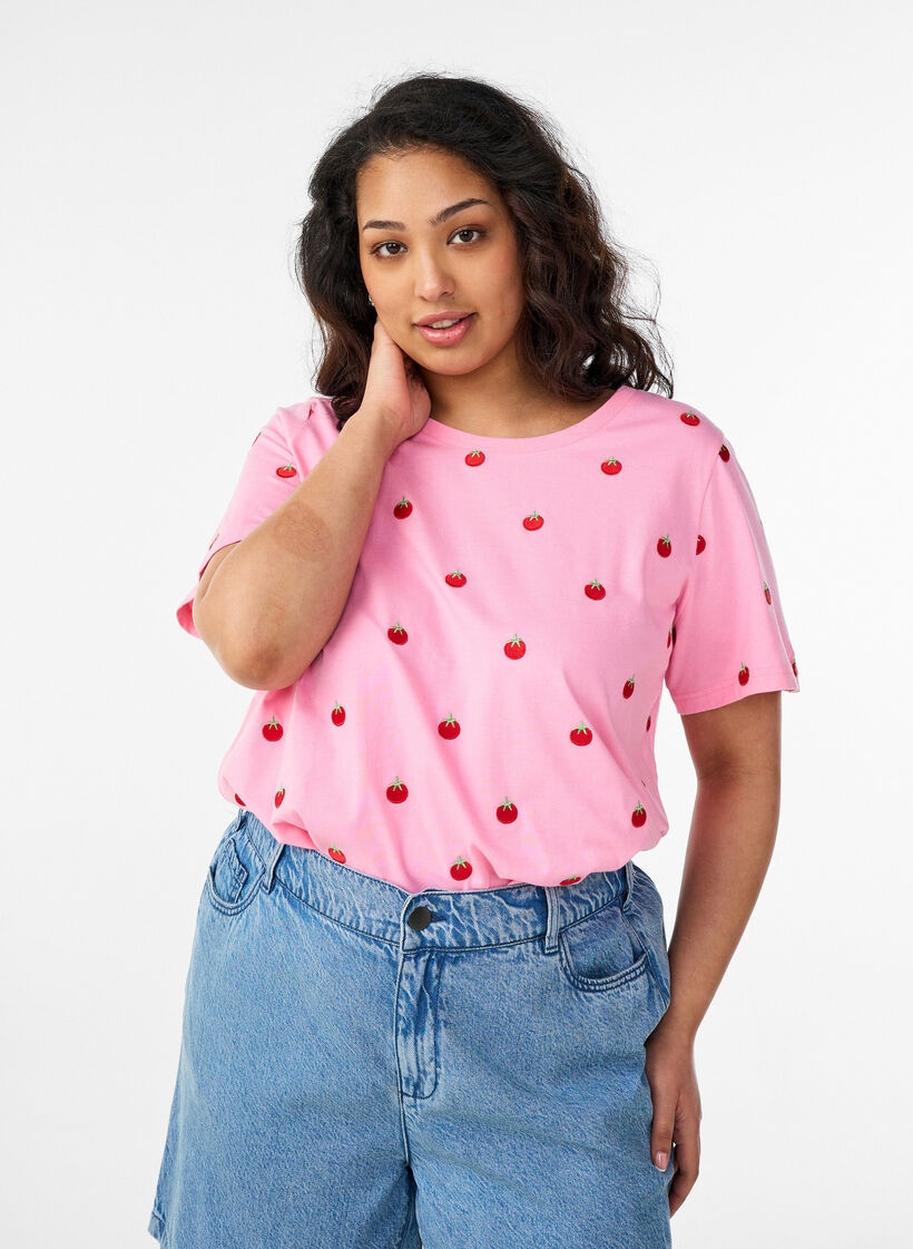 T-shirt in biologisch katoen met geborduurde motieven, Roze, Model image number 0