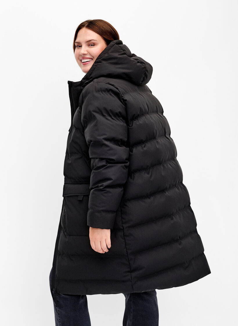 Pufferjas met capuchon en zakken, Zwart, Model image number 2