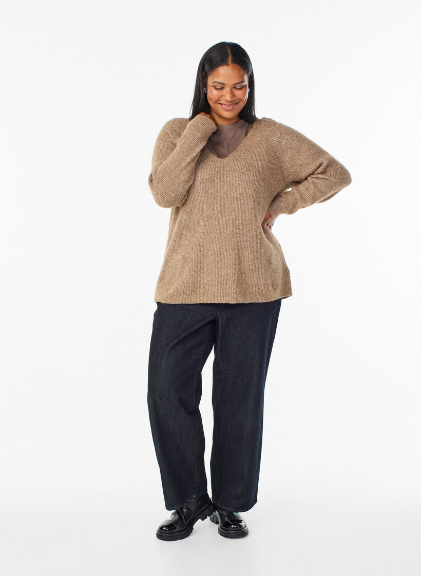 Gebreide blouse met V-hals en raglanmouwen, Bruin, Model image number 1