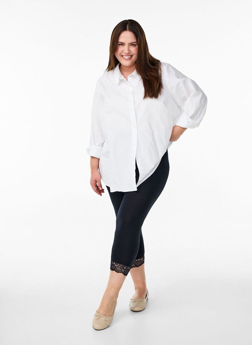 Basic 3/4 legging met kanten randje, Zwart, Model image number 1