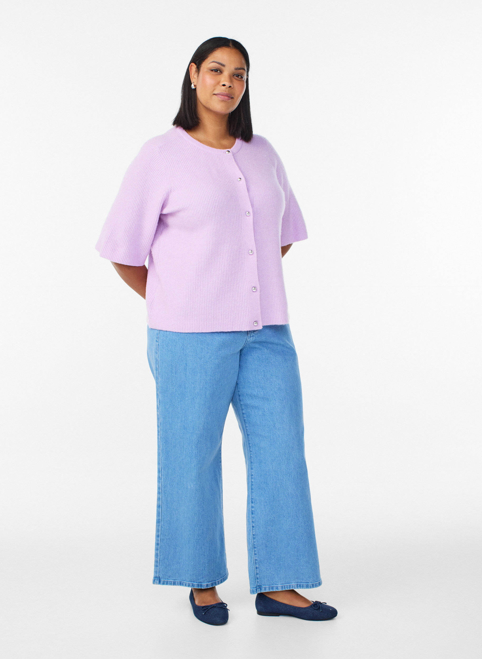 ZizziGebreid vest met korte mouwen en glanzende knoopjes, Paars, Model image number 1