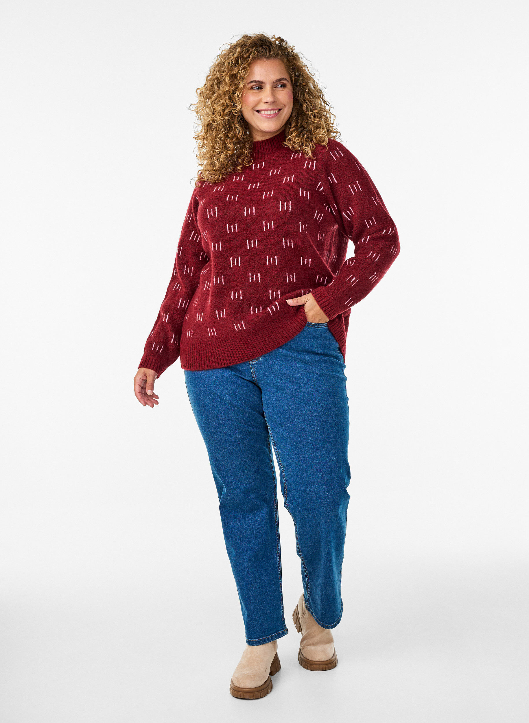 ZizziPatroon gebreide top met een hoge hals, Donker Bordeaux, Model image number 1