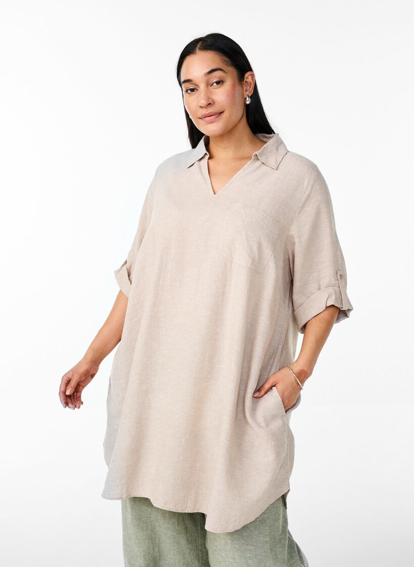 Tuniek van linnen en viscose met A-vorm, Beige, Model image number 0