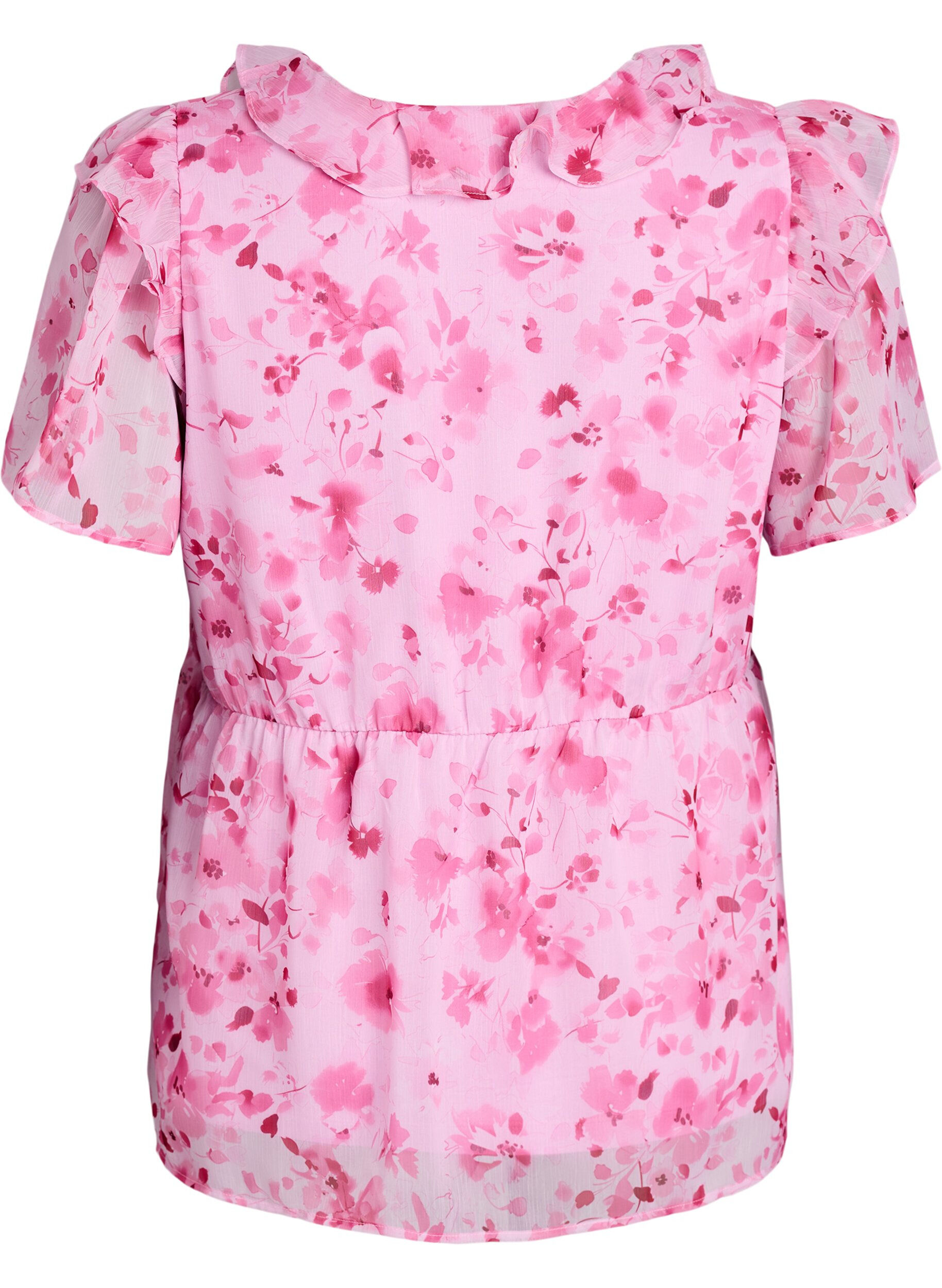 Zizzi Blouse fleurie avec col &agrave; volants et effet peplum, Rose, Packshot image number 1