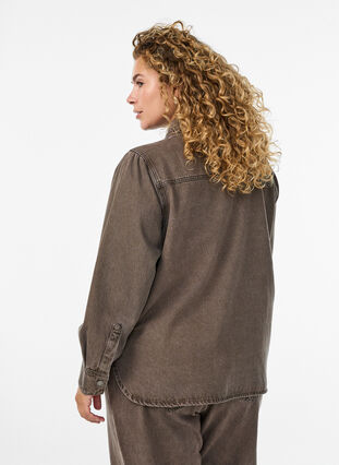 ZizziGekleurde denim shirt met zakken op de borst, Brown Denim, Model image number 1