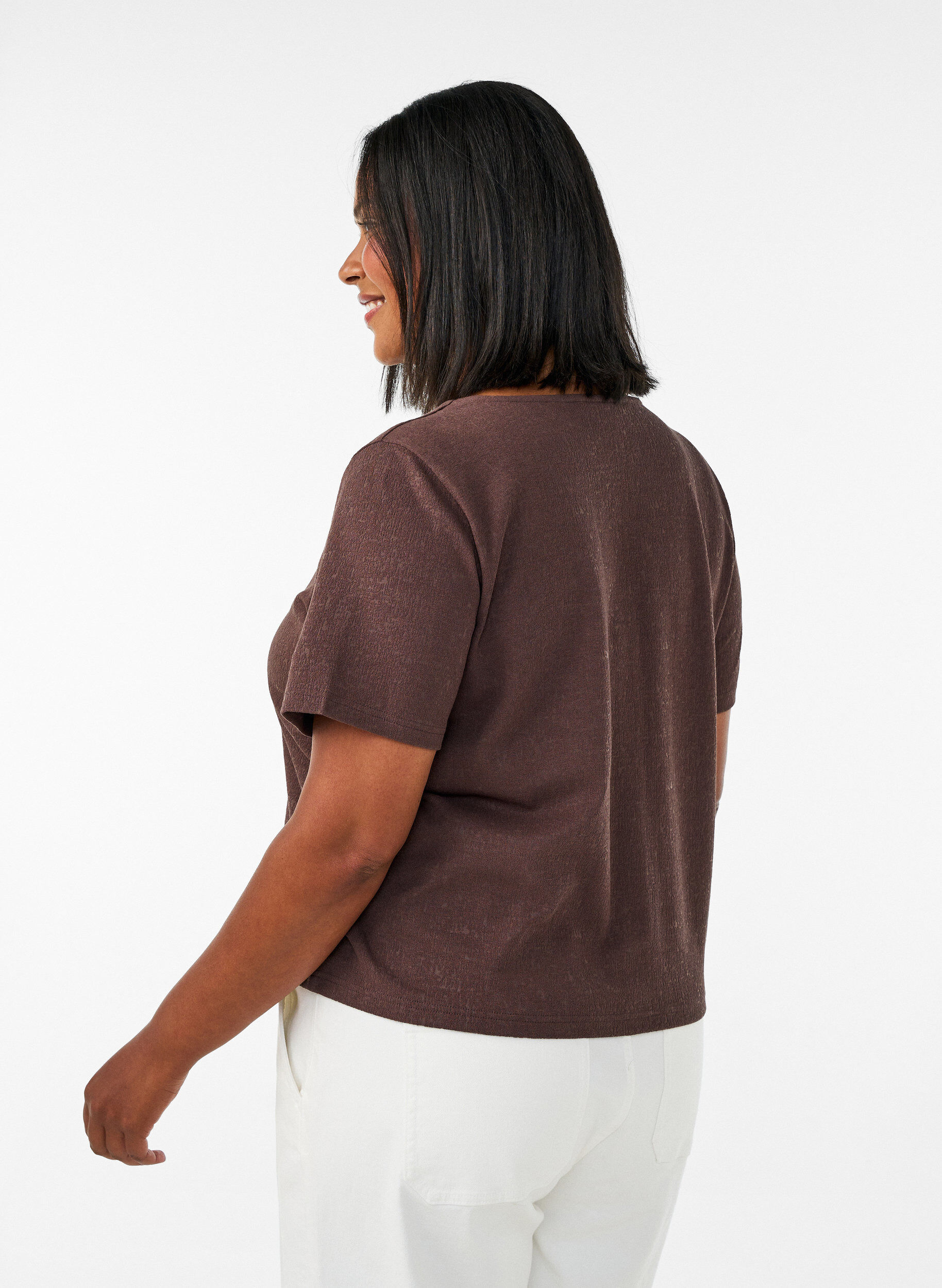 ZizziKatoenen blouse met structuur en knoopsluiting, Bruin, Model image number 2