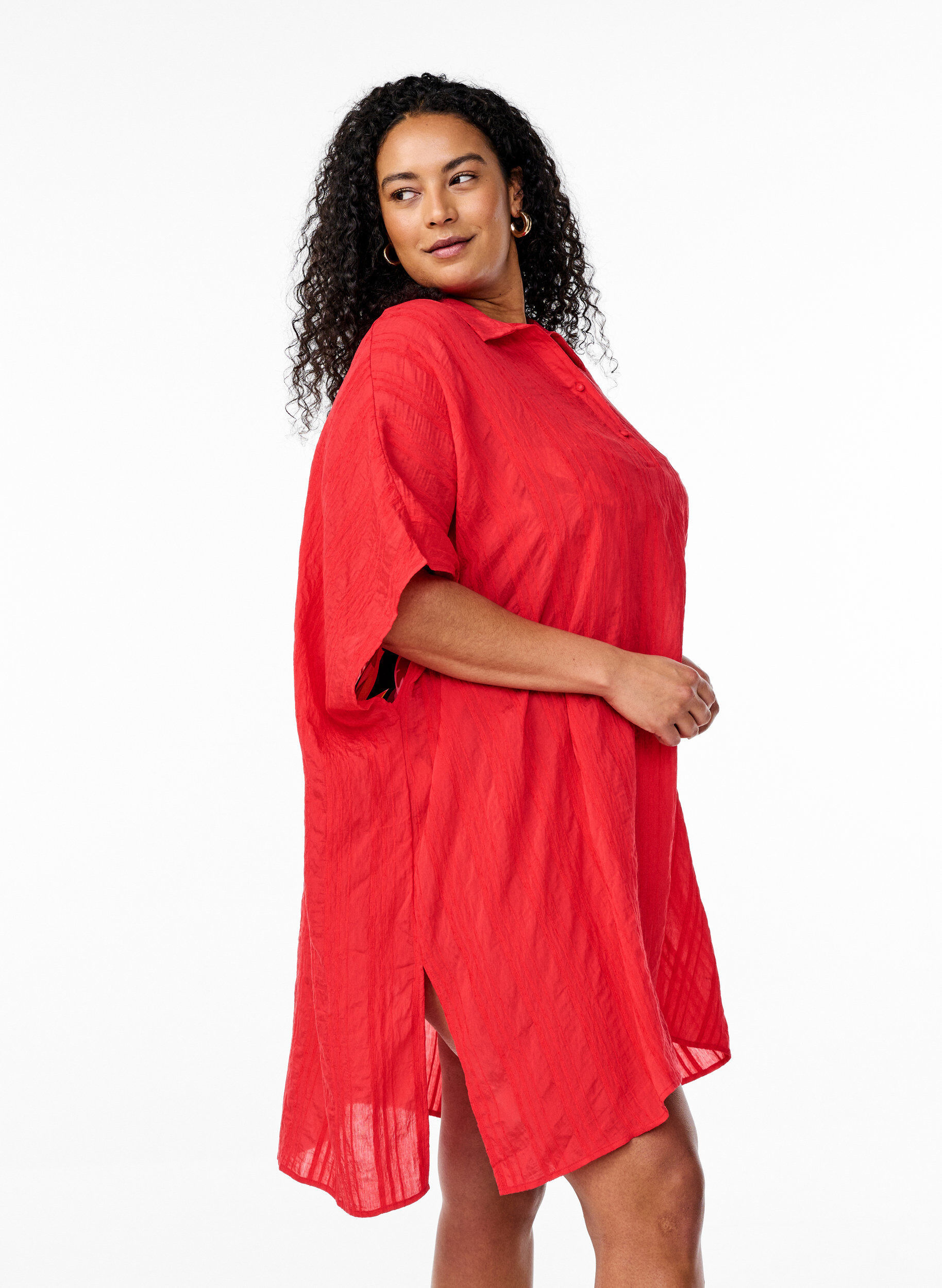 Strand kaftan met kraag en knoopsluiting, Rood, Model