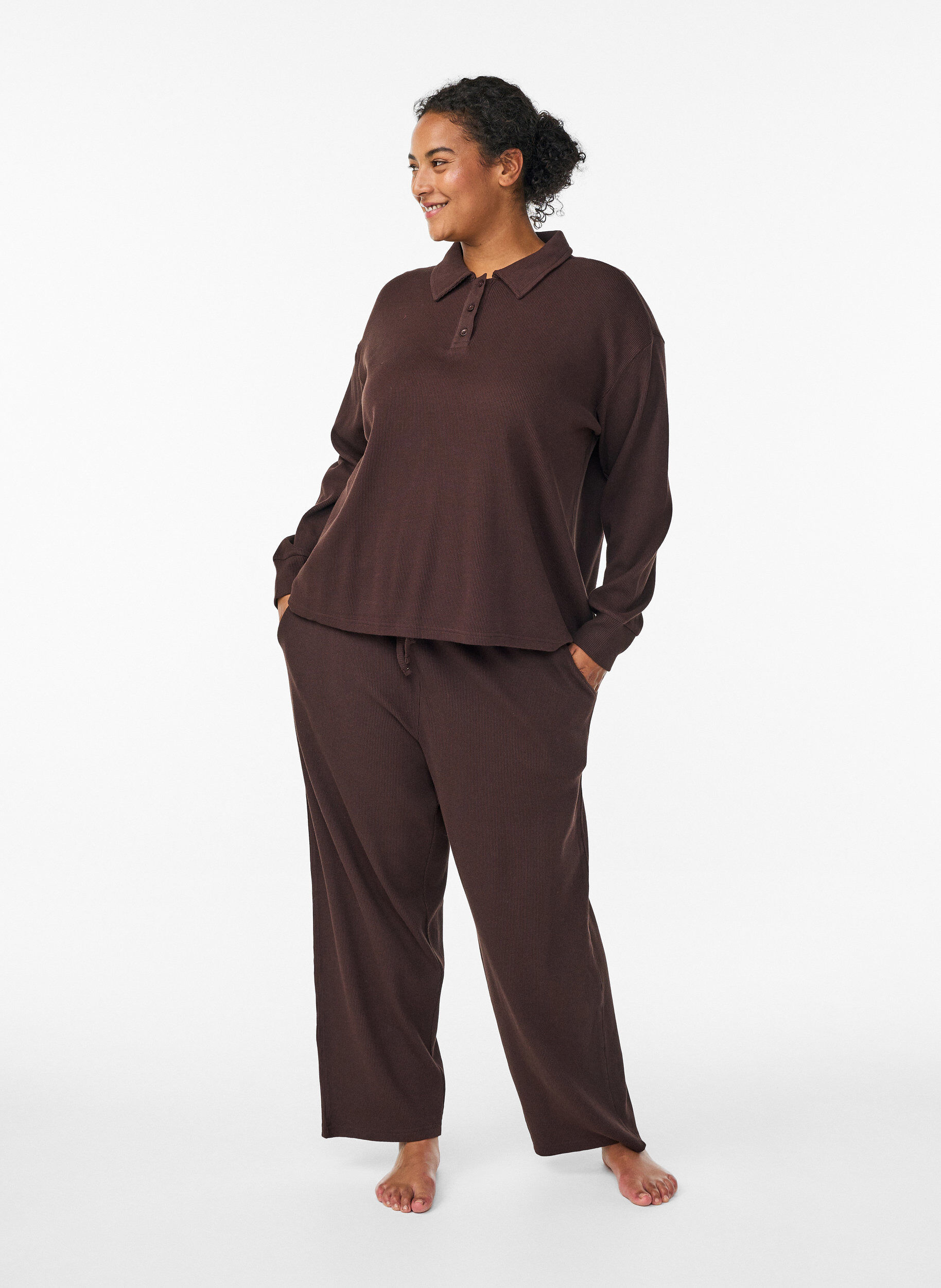 ZizziGeribde jersey poloshirt met lange mouwen, Bruin, Model image number 1