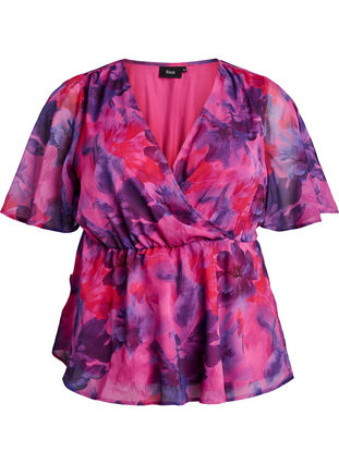 ZizziBloemen chiffon blouse met korte mouwen, Rood, Packshot image number 0