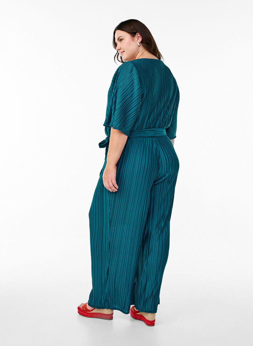 Geplooide jumpsuit met strik en wijde mouwen, Atlantic Deep, Model