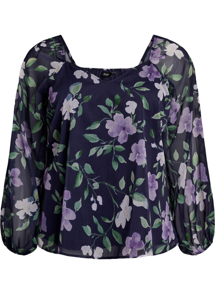 Chiffon blouse met bloemenprint en lange mouwen, Blauw, Packshot image number 0
