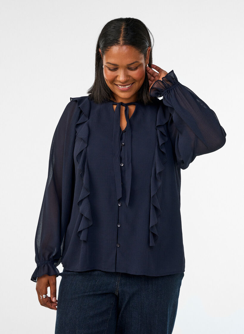 Transparante blouse met ruches en striksluiting, Blauw, Model image number 0