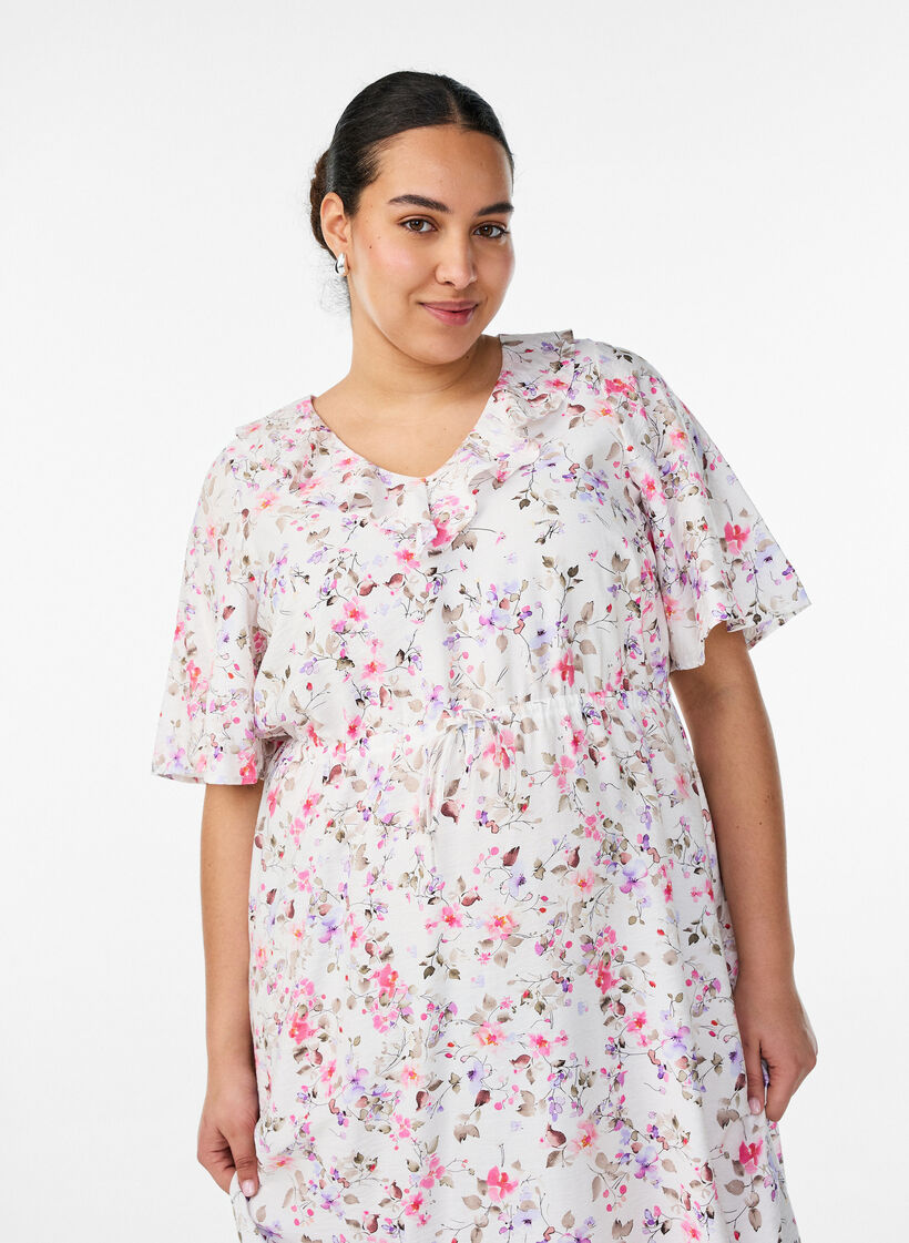 Viscose midi jurk met bloemenprint en ruches kraag, Vanille, Model image number 2