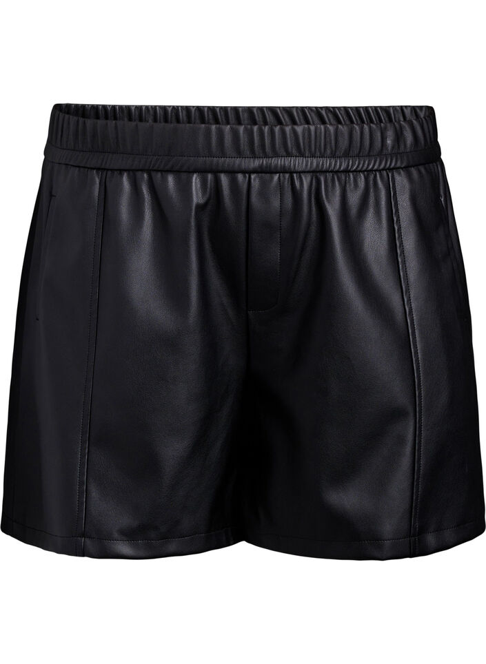 Losse imitatieleer shorts met elastische tailleband, Black, Packshot