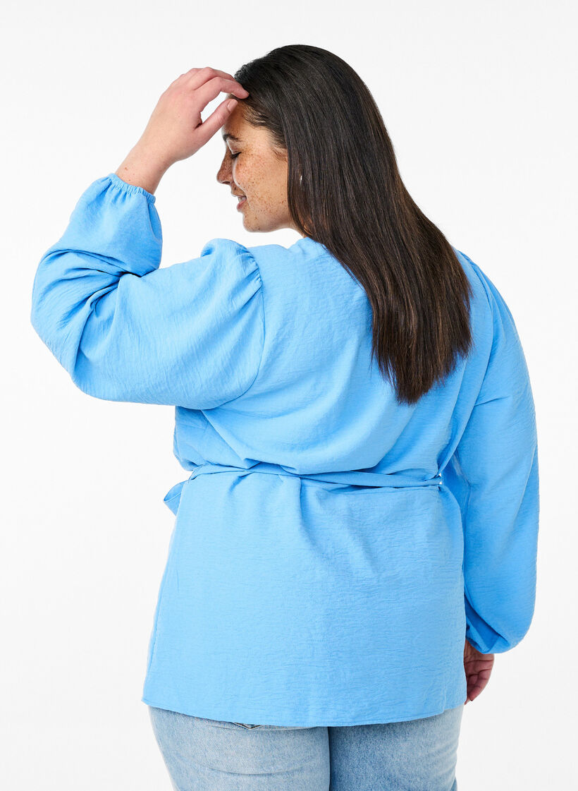 Omslagblouse met lange mouwen en striksluiting, Della Robbia Blue, Model