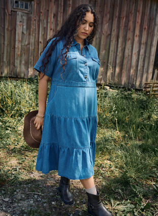 ZizziMidi denim jurk met knopen en korte mouwen, Blue Denim, Image image number 0
