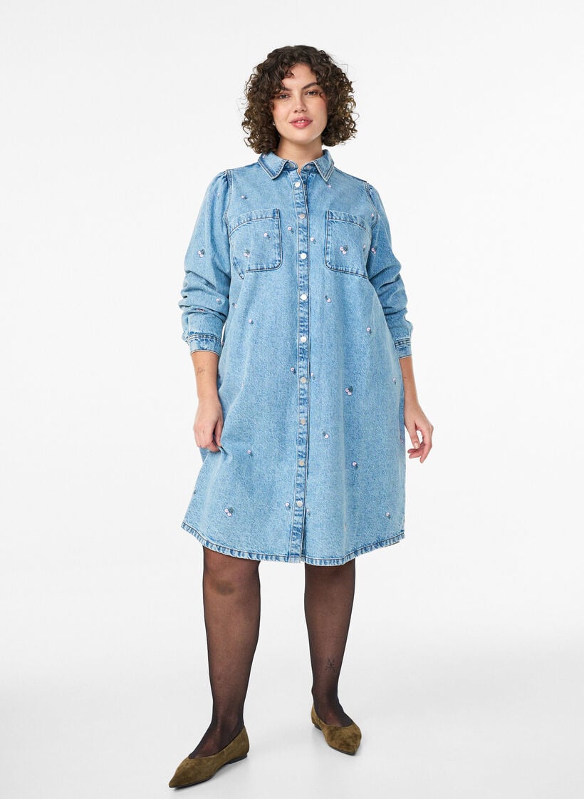 Denimjurk met kersen en borstzakken, Blauw, Model image number 1