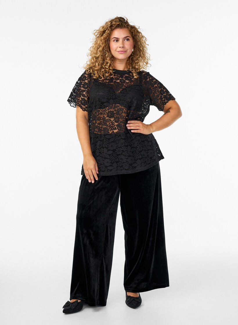 Kanten blouse met korte mouwen en ronde hals, Black, Model