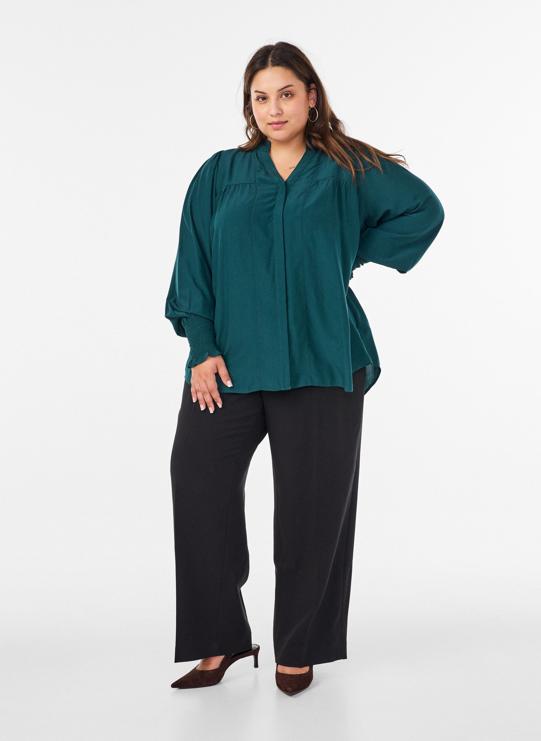 ZizziBlouse met ruches kraag en plooien, Groen, Model image number 1