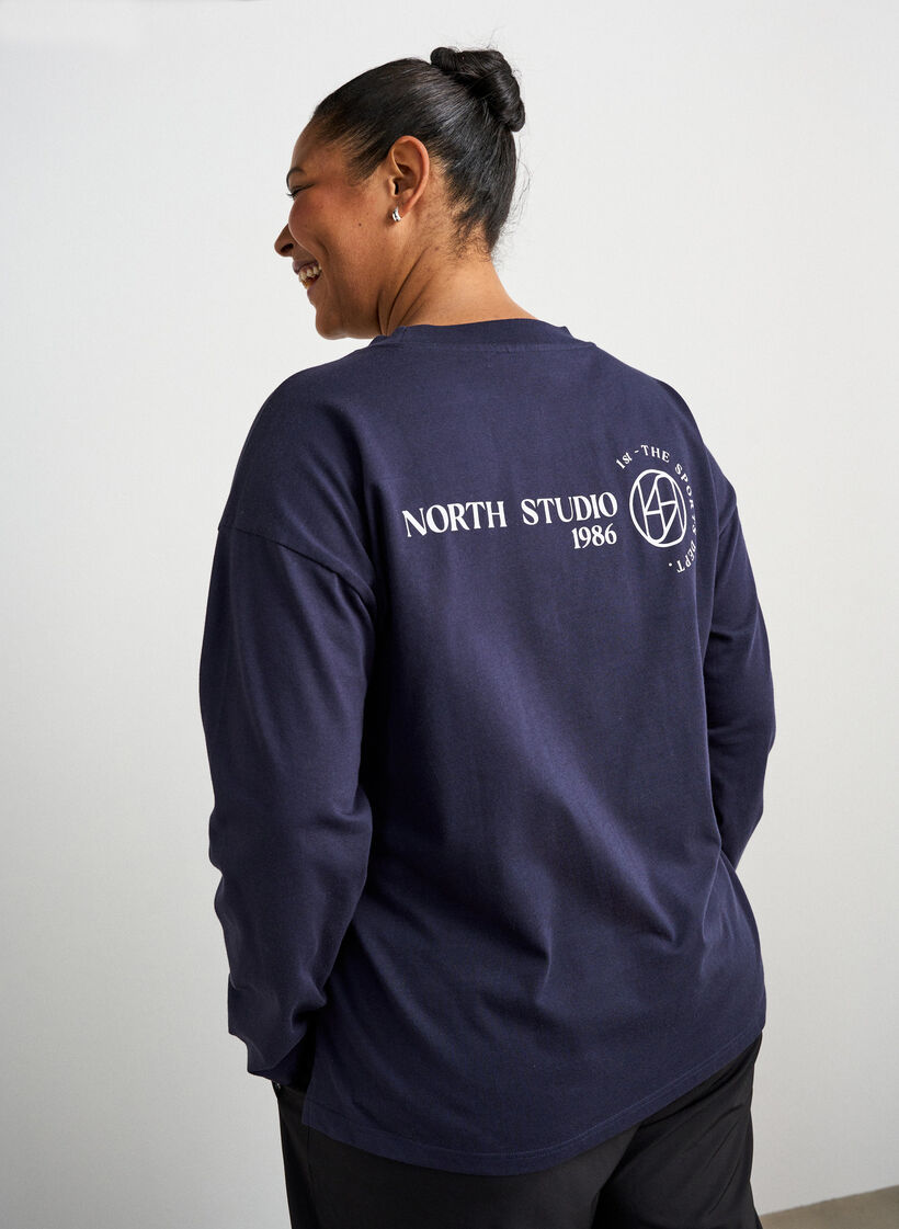 Jerseyblouse met lange mouwen en tekstprint, Blauw, Model image number 2