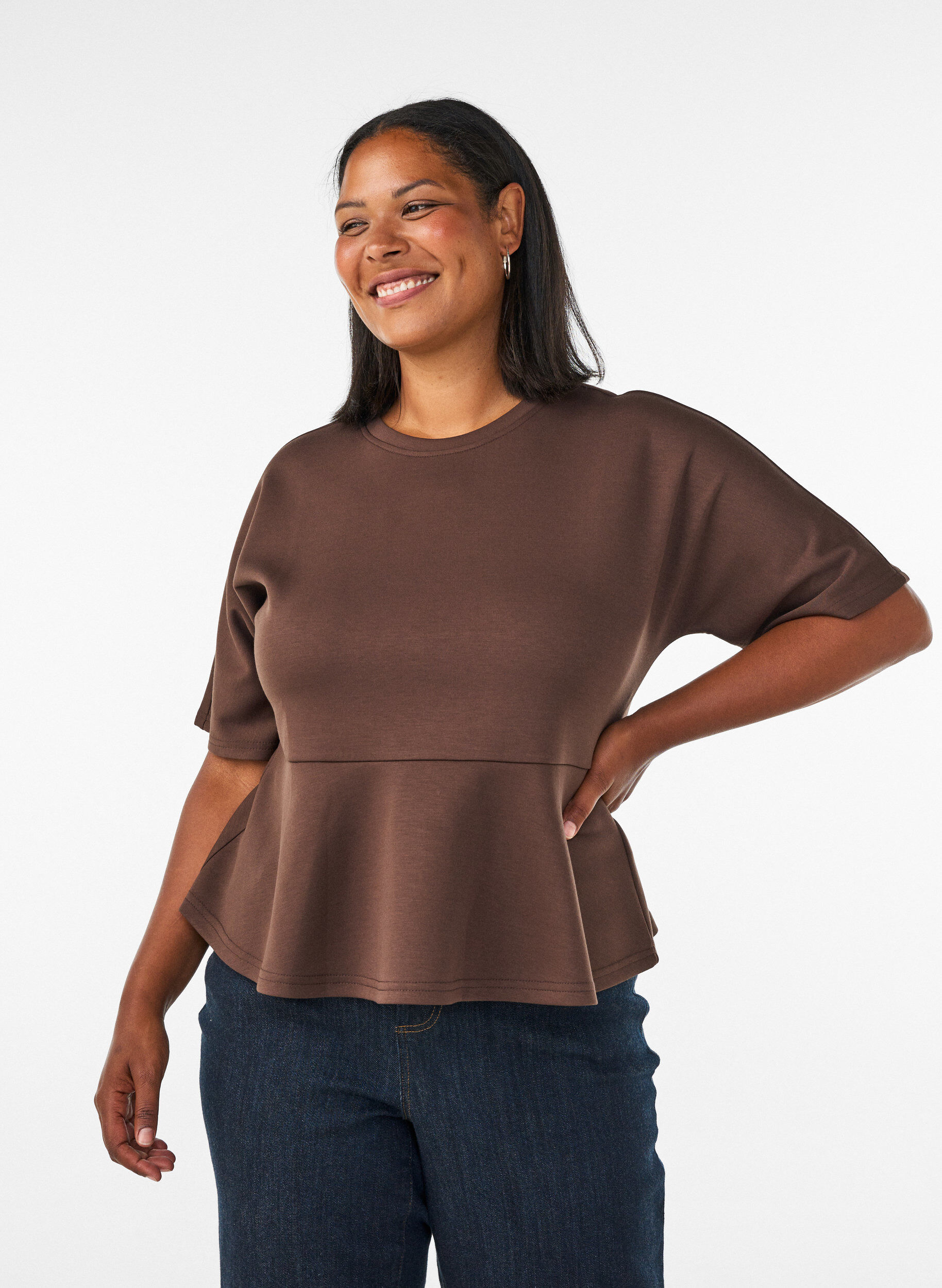 Peplum blouse met ellebooglange mouwen, Bruin, Model