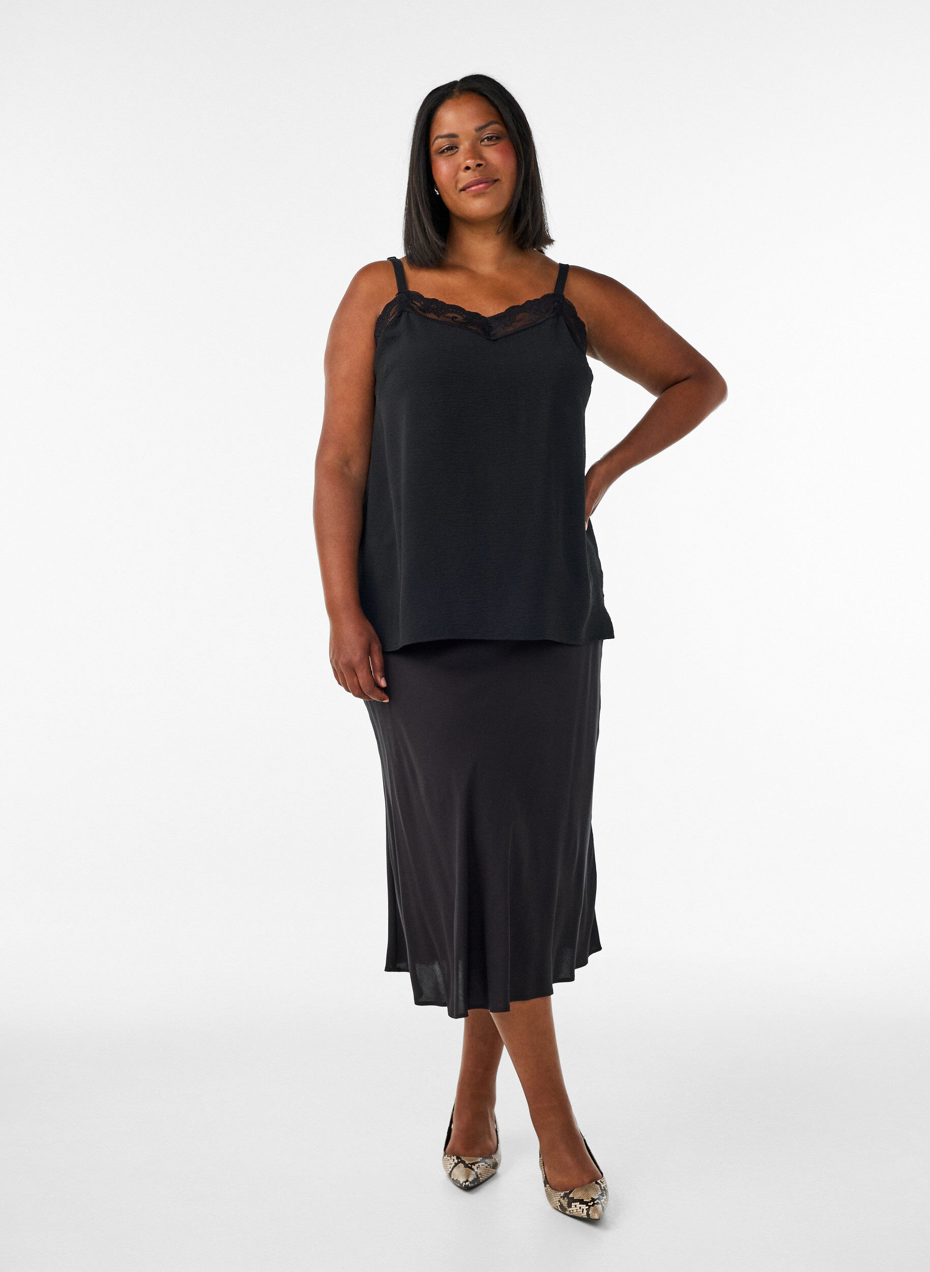 ZizziViscose rok met een elastische taille, Zwart, Model image number 1