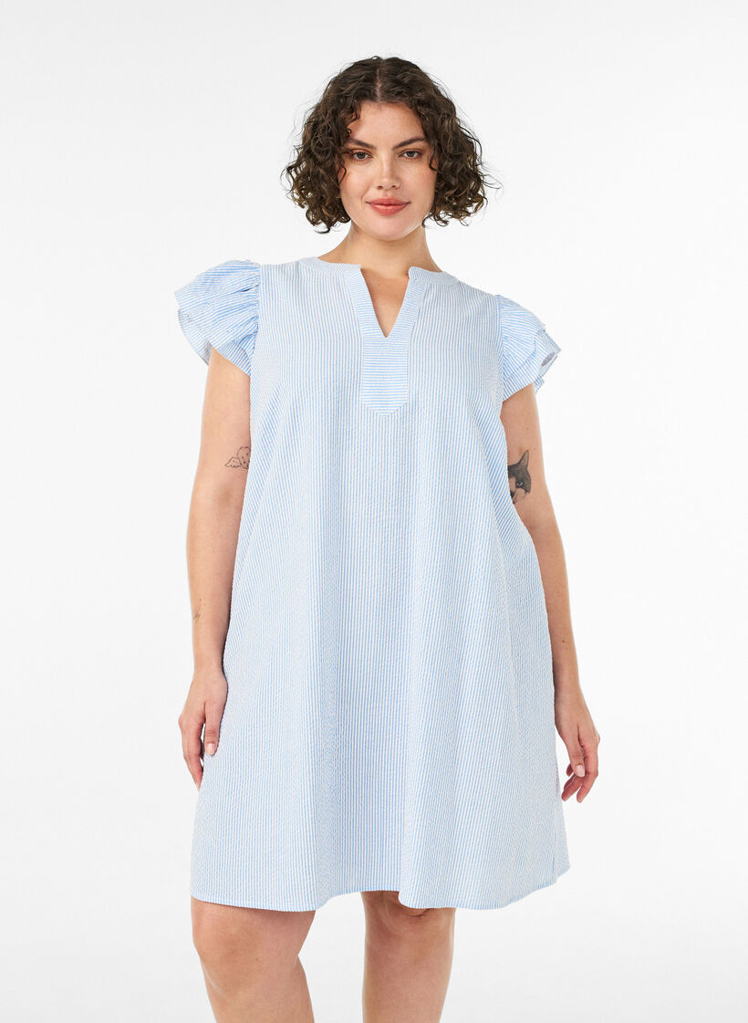 Gestreepte katoenen jurk met ruches en een A-lijn pasvorm, Blauw, Model image number 0