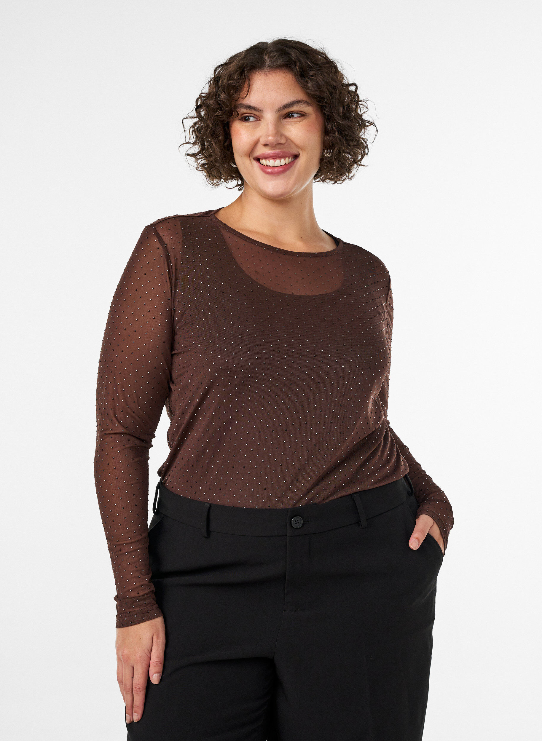 Transparante mesh blouse met strassteentjes, Bruin, Model