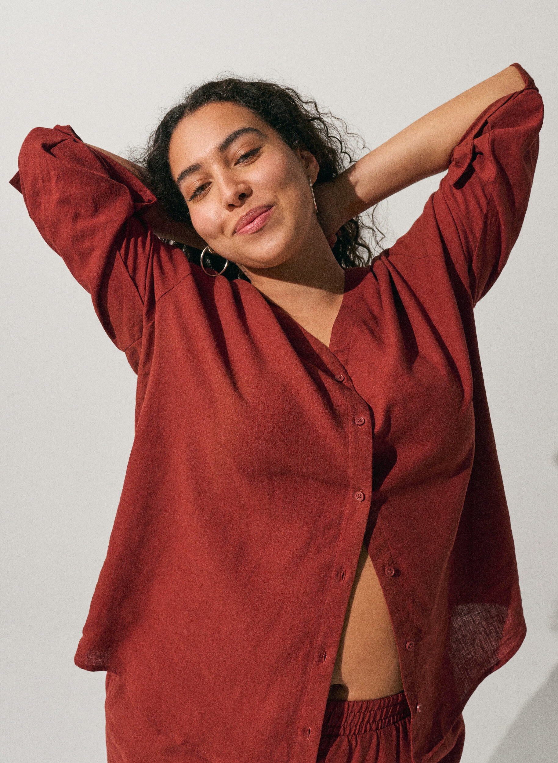 ZizziBlouse in linnen en viscose met V-hals, Rood, Image image number 0
