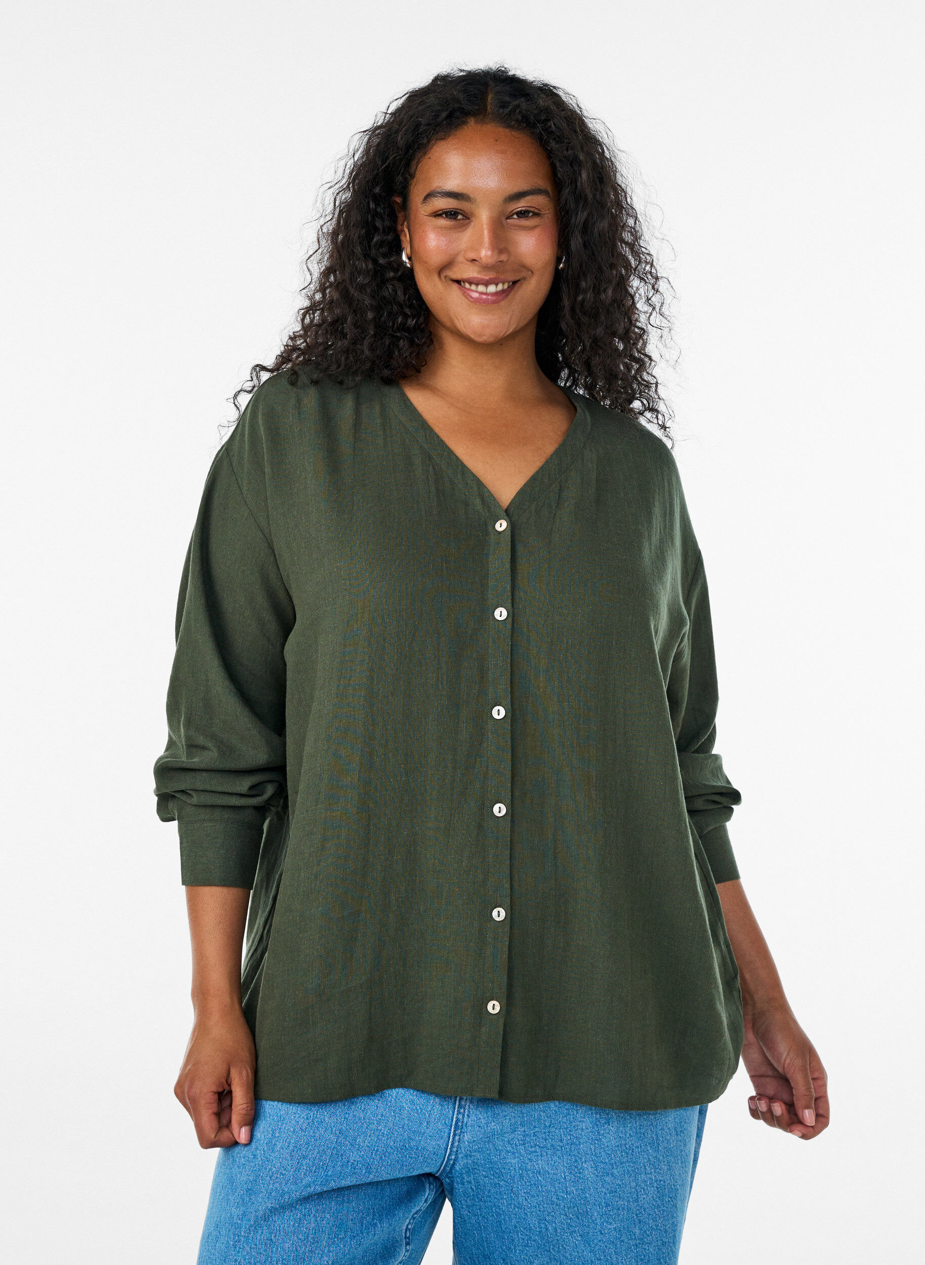 ZizziBlouse in linnen en viscose met V-hals, Groen, Model image number 0