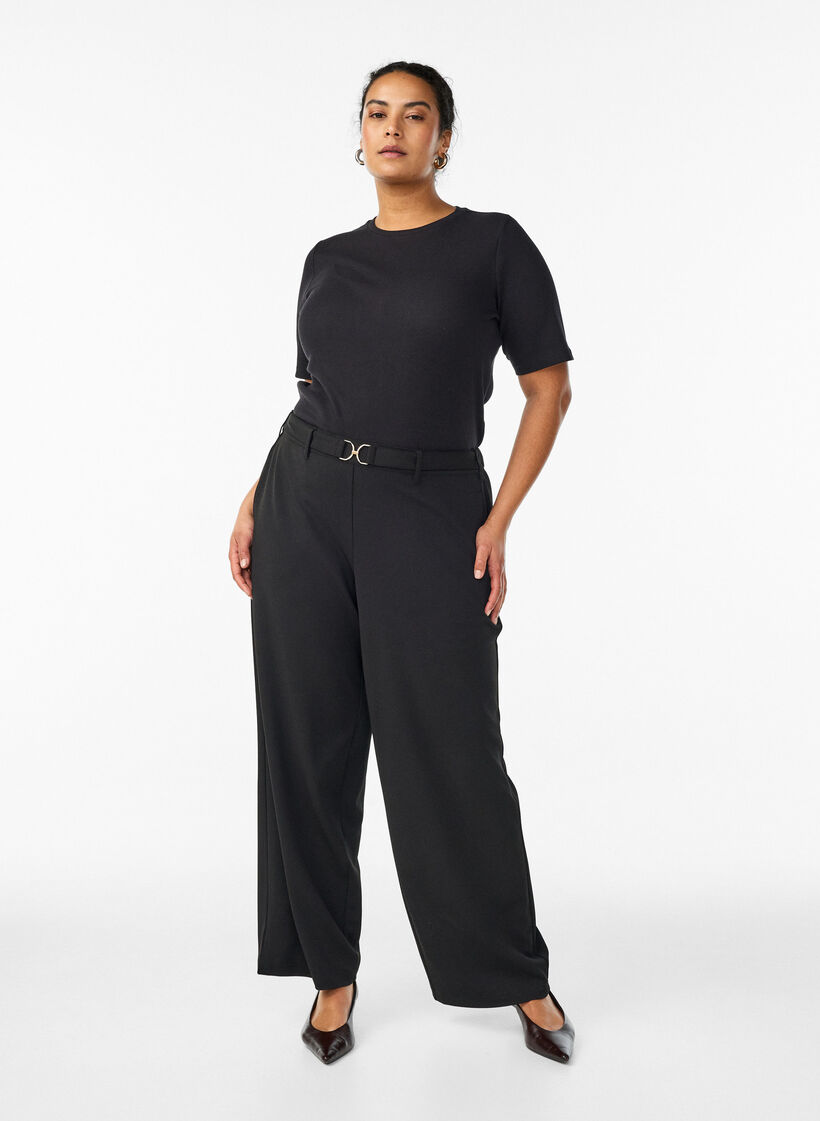 High-waisted broek met riemdetail en gouden gesp, Zwart, Model image number 0