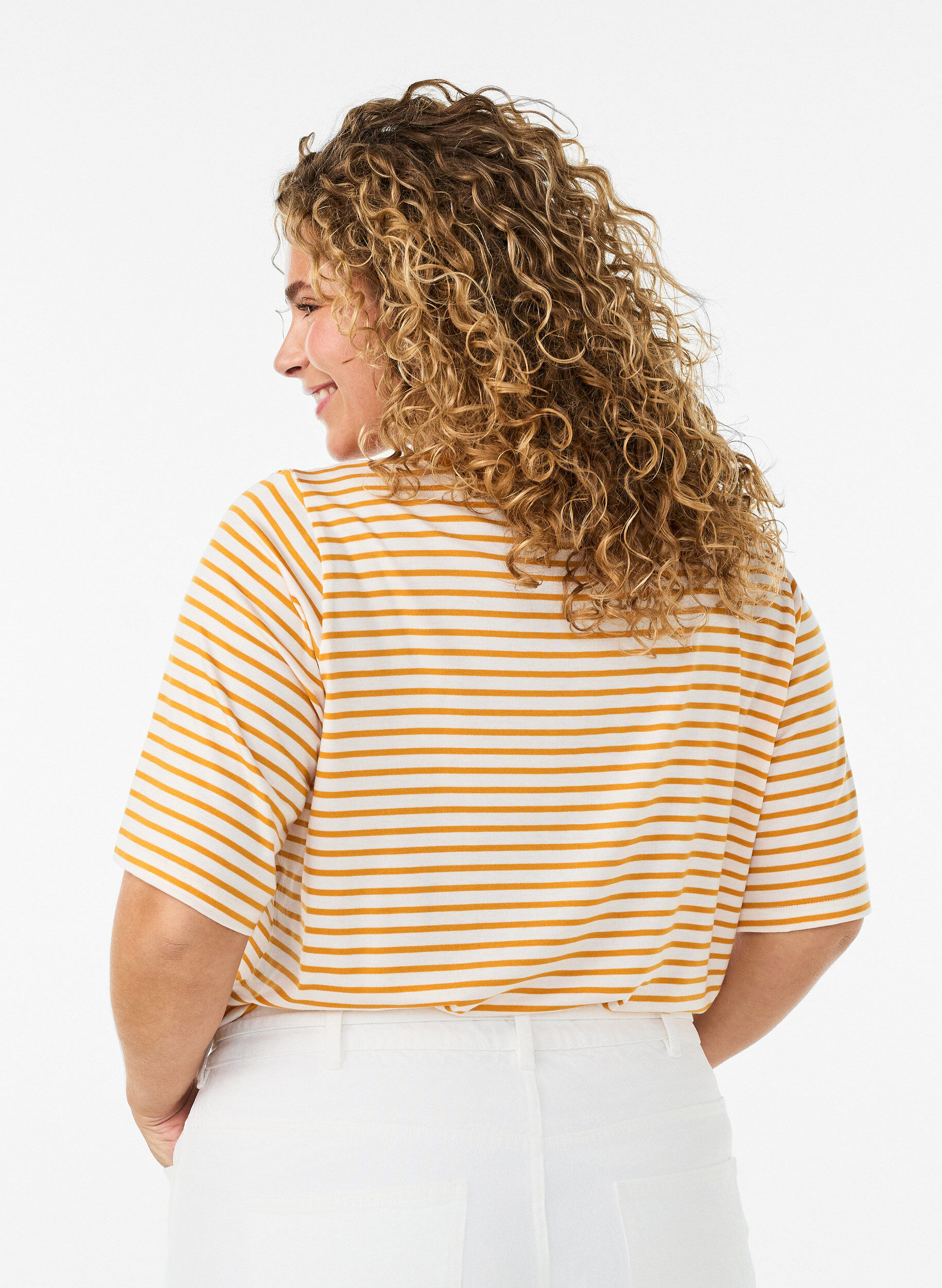 ZizziT-shirt met TENCEL&trade; Lyocell en strepen, Geel, Model image number 2