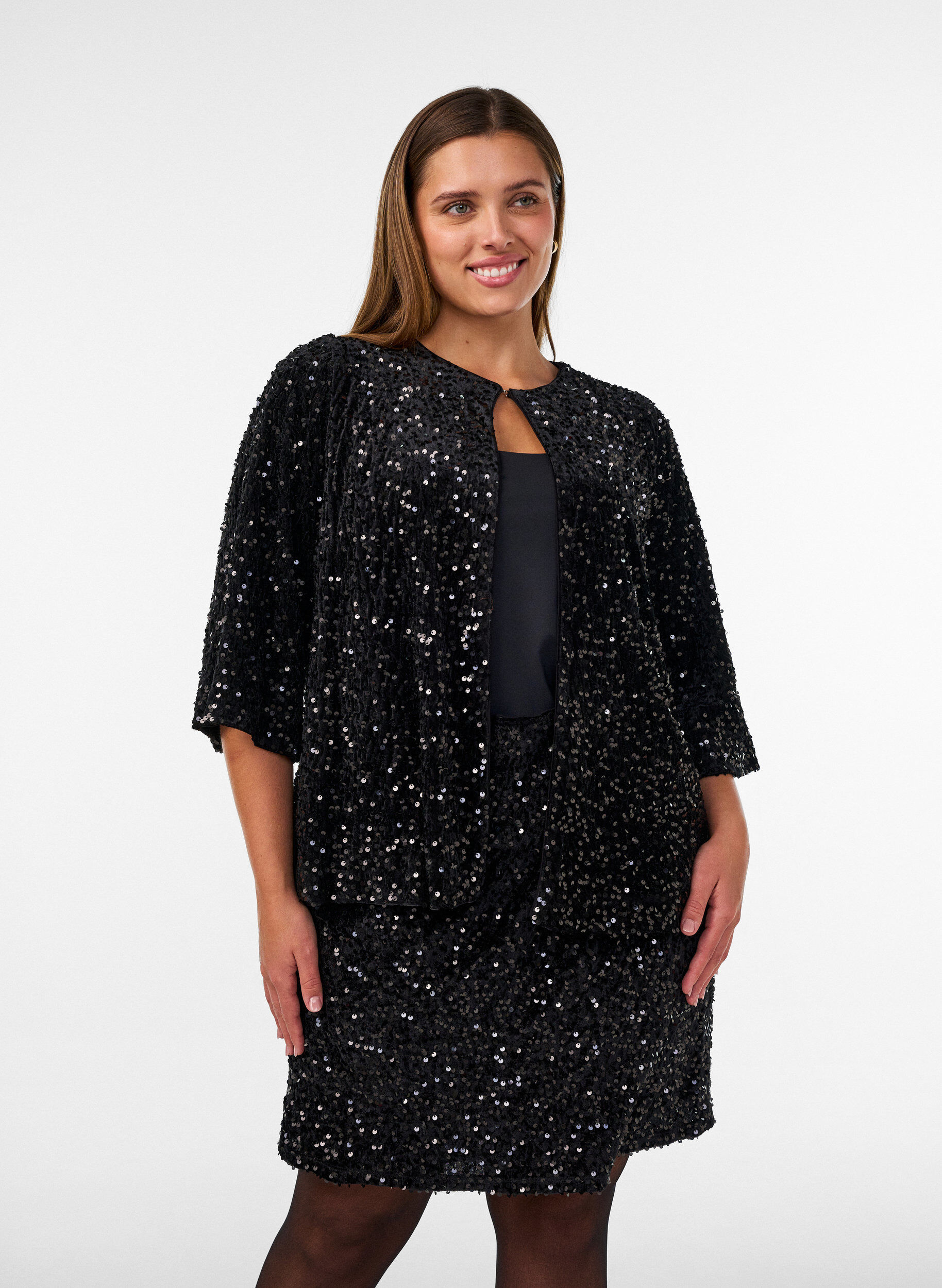 ZizziKorte rok met pailletten, Zwart, Model image number 0