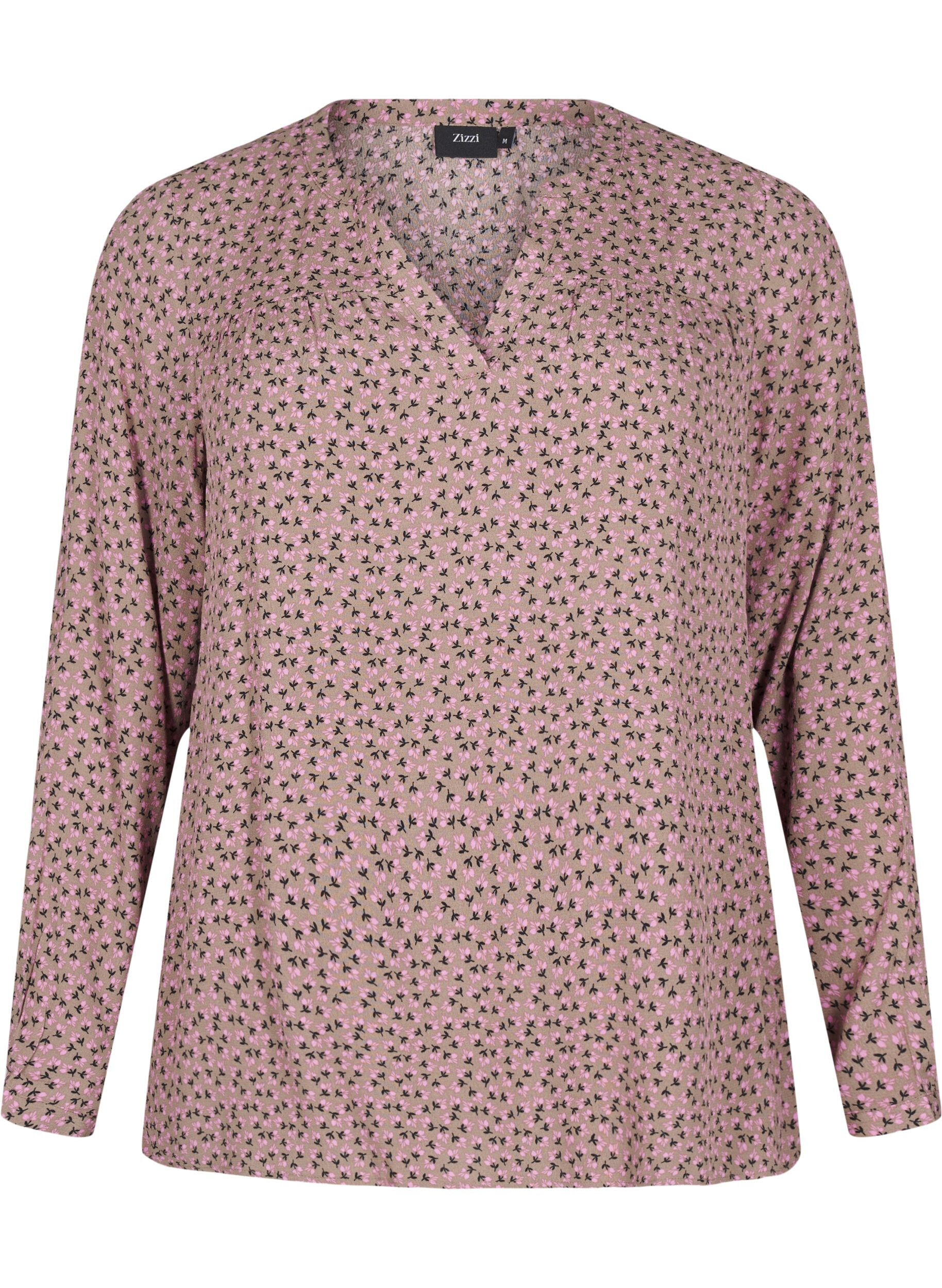 ZizziBlouse met lange mouwen, print en V-hals, Bruin, Packshot image number 0