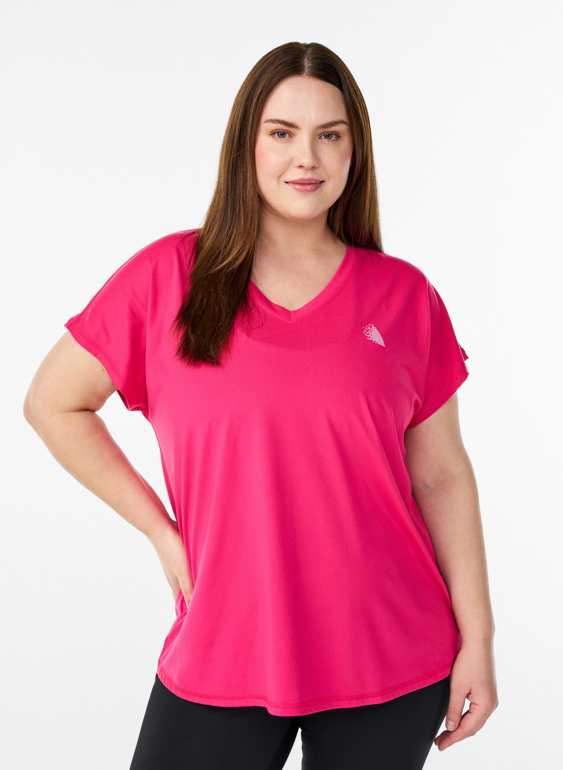 Sportief t-shirt met korte mouwen en v-hals, Roze, Model